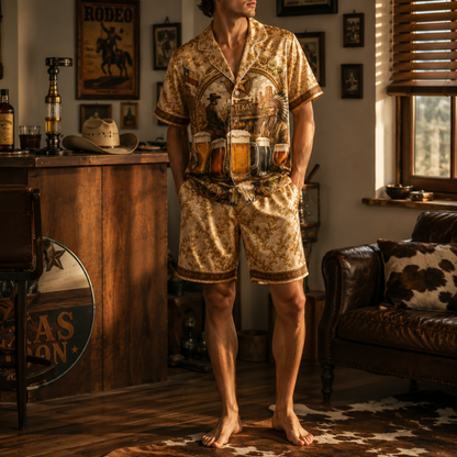PJ-M355-Gold Satin Western Texas Saloon Beer Print Pajamas Vintage Country Sleepwear Set