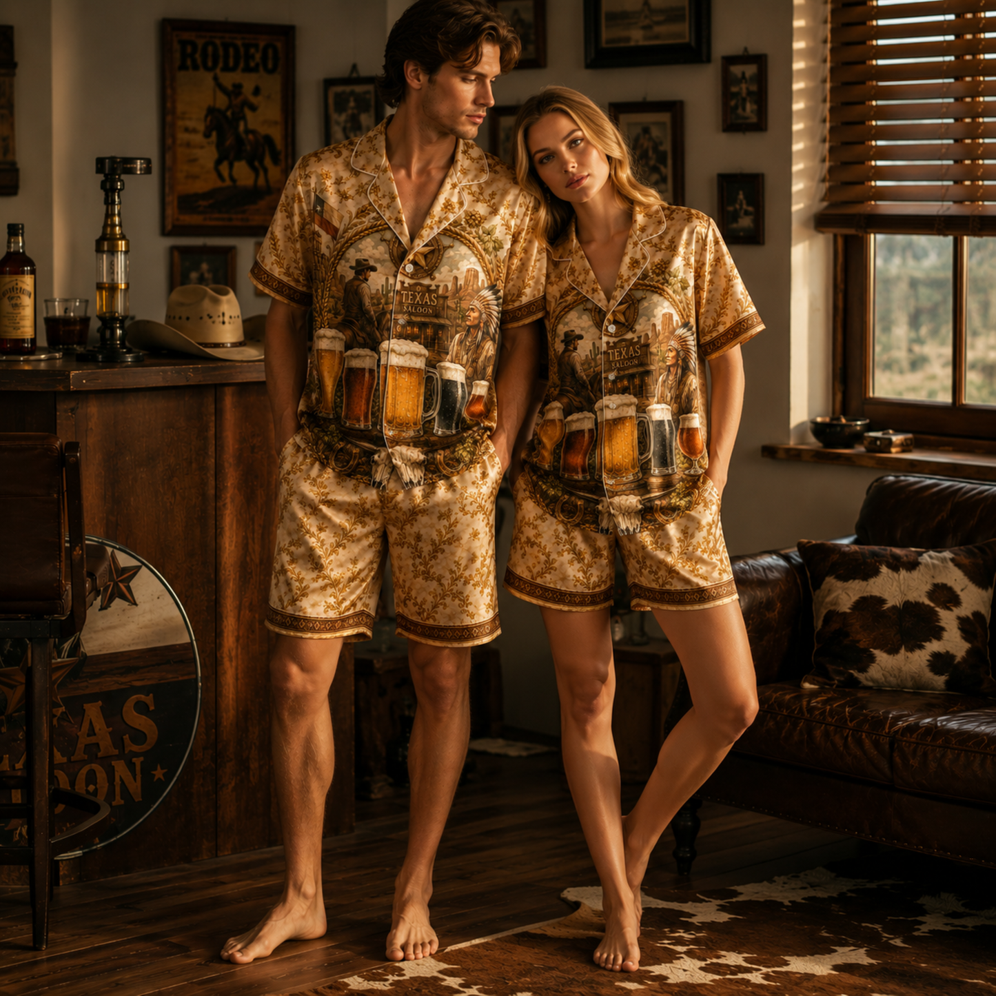 PJ-M355-Gold Satin Western Texas Saloon Beer Print Pajamas Vintage Country Sleepwear Set