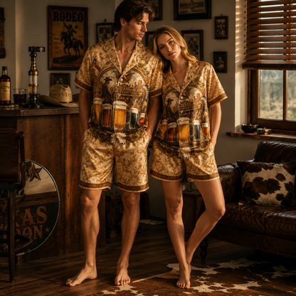 PJ-M355-Gold Satin Western Texas Saloon Beer Print Pajamas Vintage Country Sleepwear Set