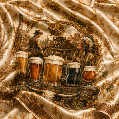 PJ-M355-Gold Satin Western Texas Saloon Beer Print Pajamas Vintage Country Sleepwear Set