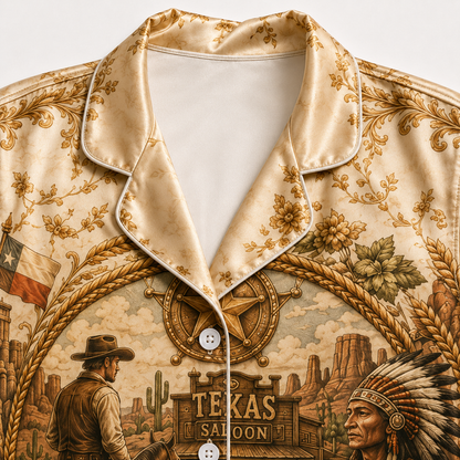 PJ-M355-Gold Satin Western Texas Saloon Beer Print Pajamas Vintage Country Sleepwear Set