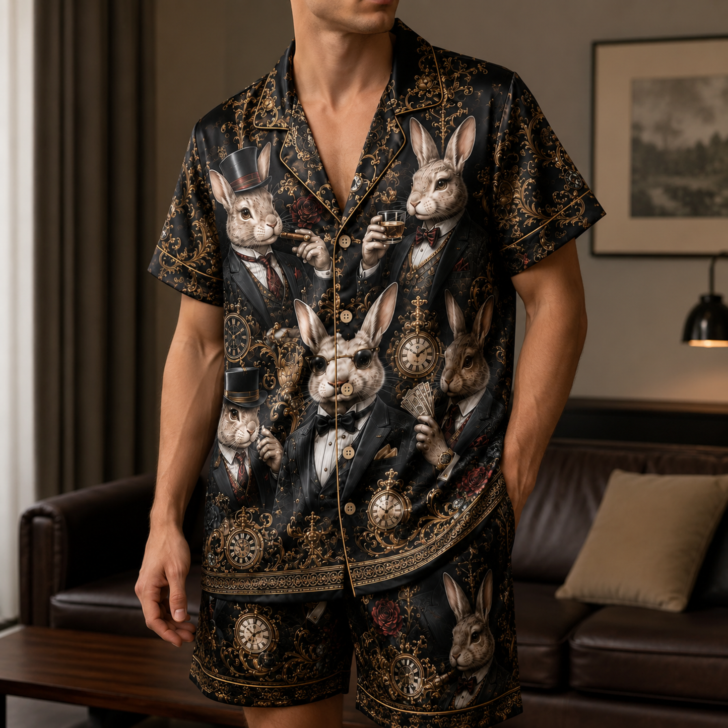 PJ-M356-Modern Rabbit Motif Pajama Set Featuring A Sharp, Edgy Silhouette