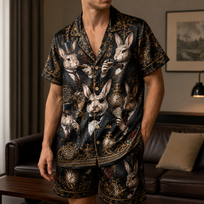 PJ-M356-Modern Rabbit Motif Pajama Set Featuring A Sharp, Edgy Silhouette
