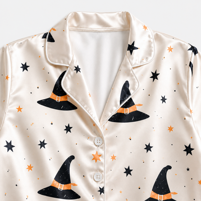 PJ-M357-Elegant Witch Hat Sleepwear Set Featuring Intricate Filigree Details For A Refined Evening Look
