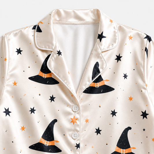 PJ-M357-Elegant Witch Hat Sleepwear Set Featuring Intricate Filigree Details For A Refined Evening Look