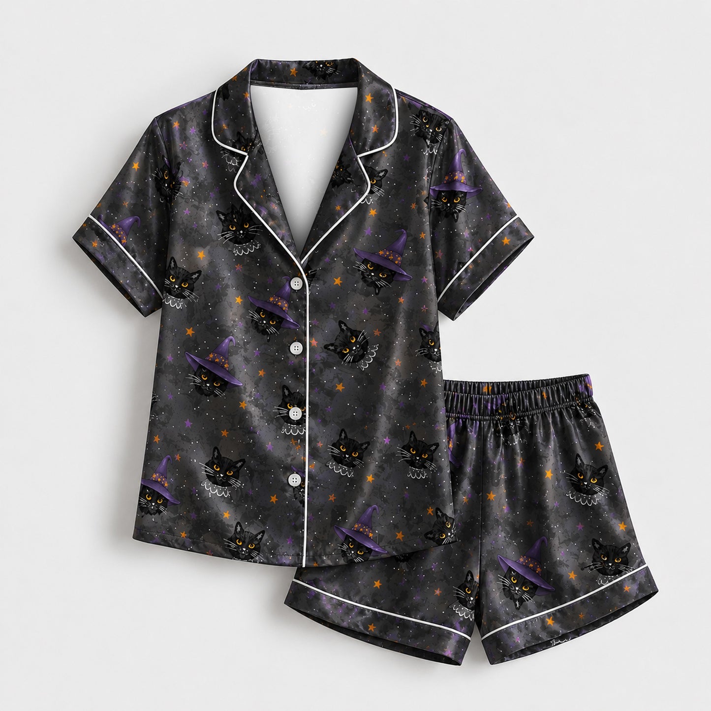 PJ-M358-Black Satin Witch Cat Print Pajamas Celestial Halloween Sleepwear