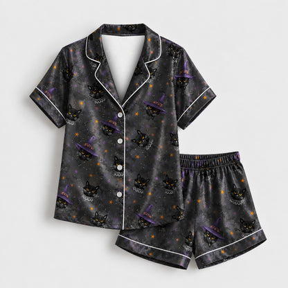 PJ-M358-Black Satin Witch Cat Print Pajamas Celestial Halloween Sleepwear