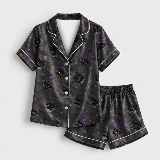 PJ-M358-Black Satin Witch Cat Print Pajamas Celestial Halloween Sleepwear