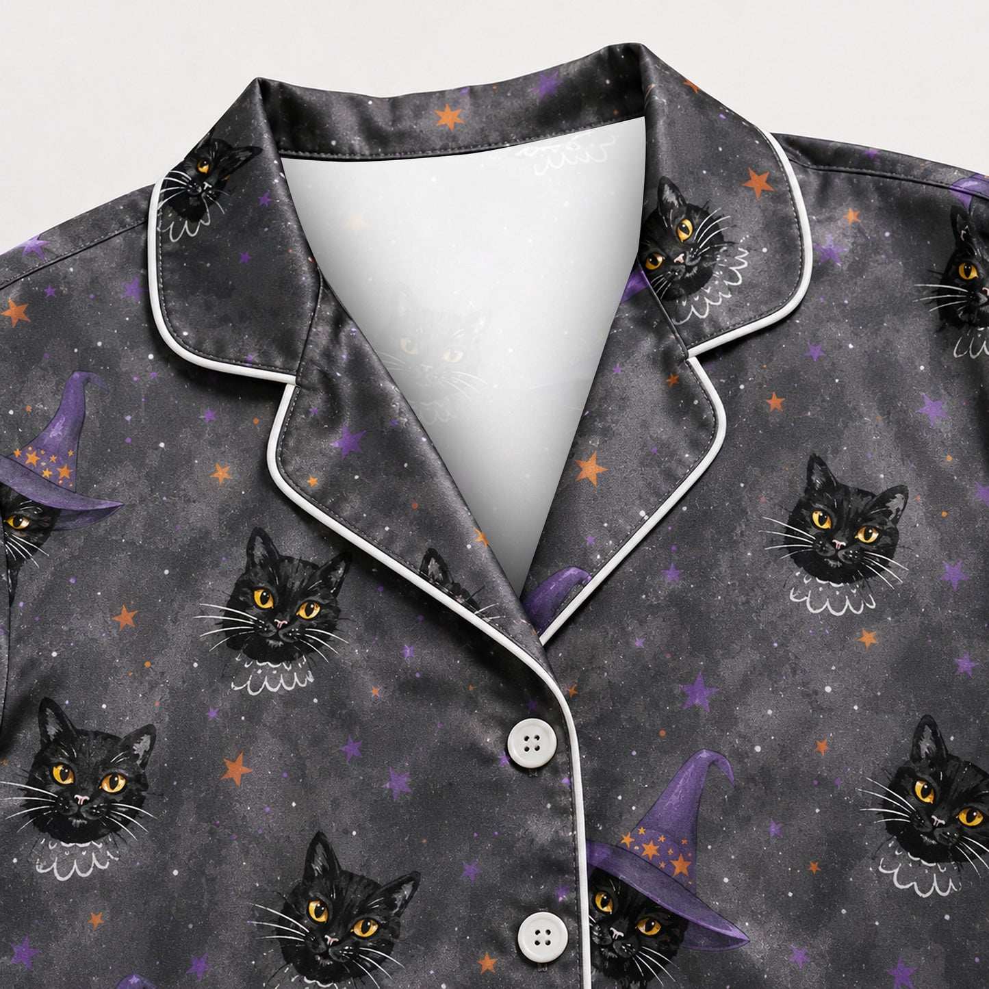 PJ-M358-Black Satin Witch Cat Print Pajamas Celestial Halloween Sleepwear
