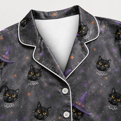 PJ-M358-Black Satin Witch Cat Print Pajamas Celestial Halloween Sleepwear