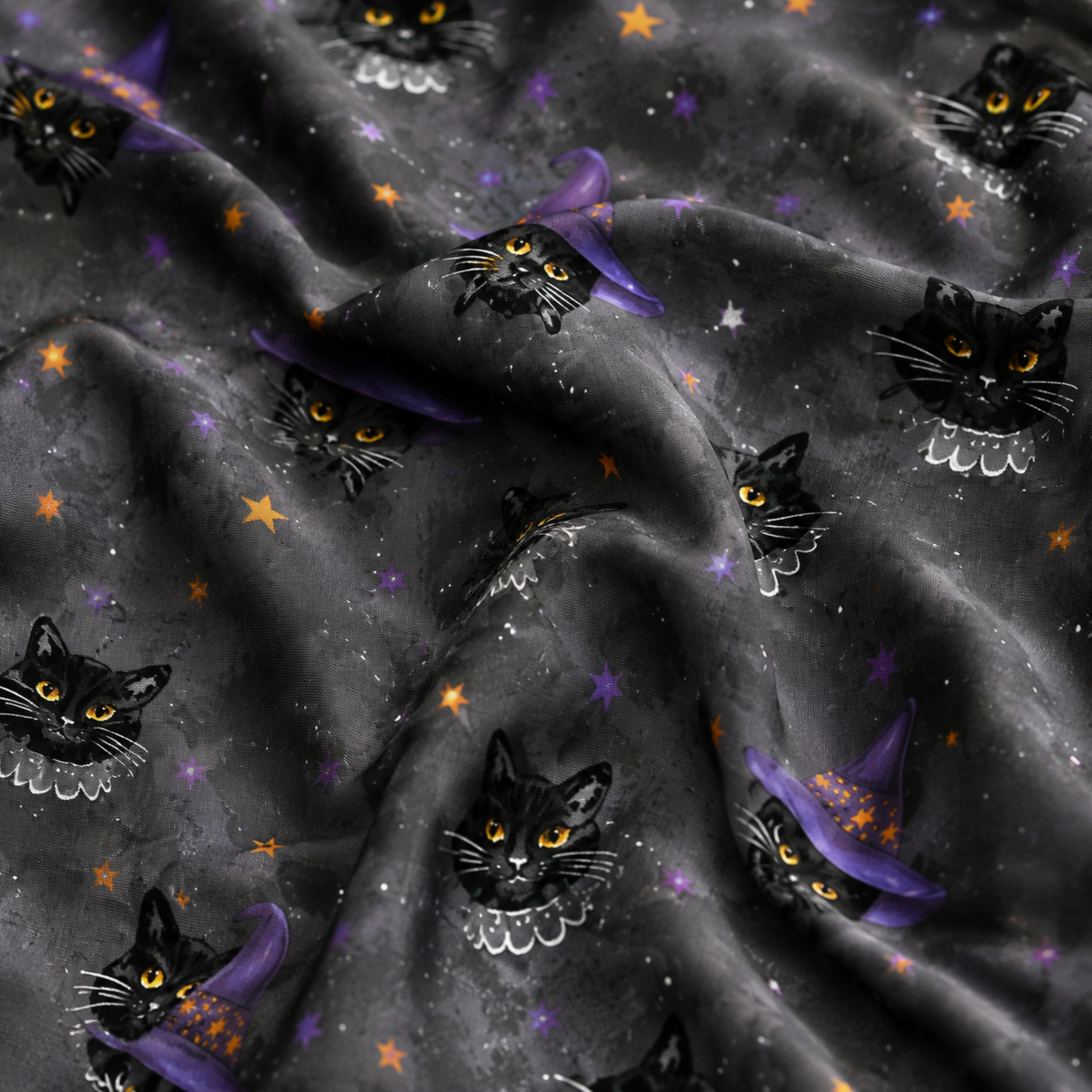 PJ-M358-Black Satin Witch Cat Print Pajamas Celestial Halloween Sleepwear