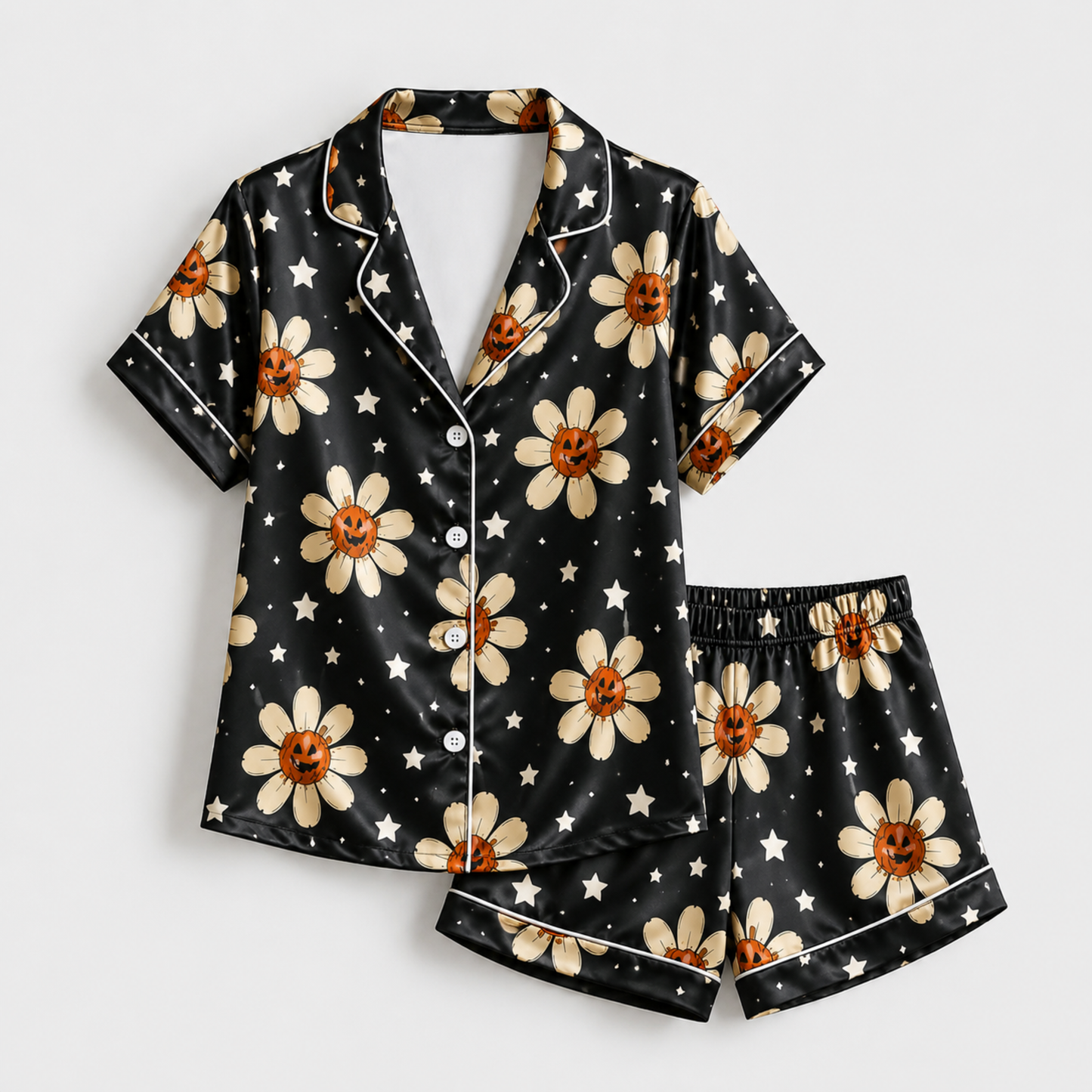 PJ-M359-Dark Jack O' Lantern Motif Pajama Set Featuring A Subtle Yet Intense Aesthetic For Elevated Lounging