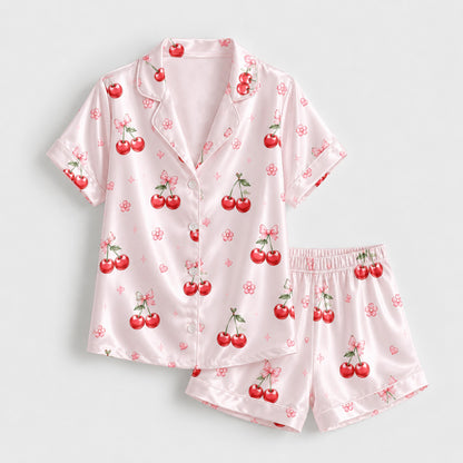 PJ-M362-Pink Satin Sweet Cherry Bow Print Pajamas Coquette Sleepwear