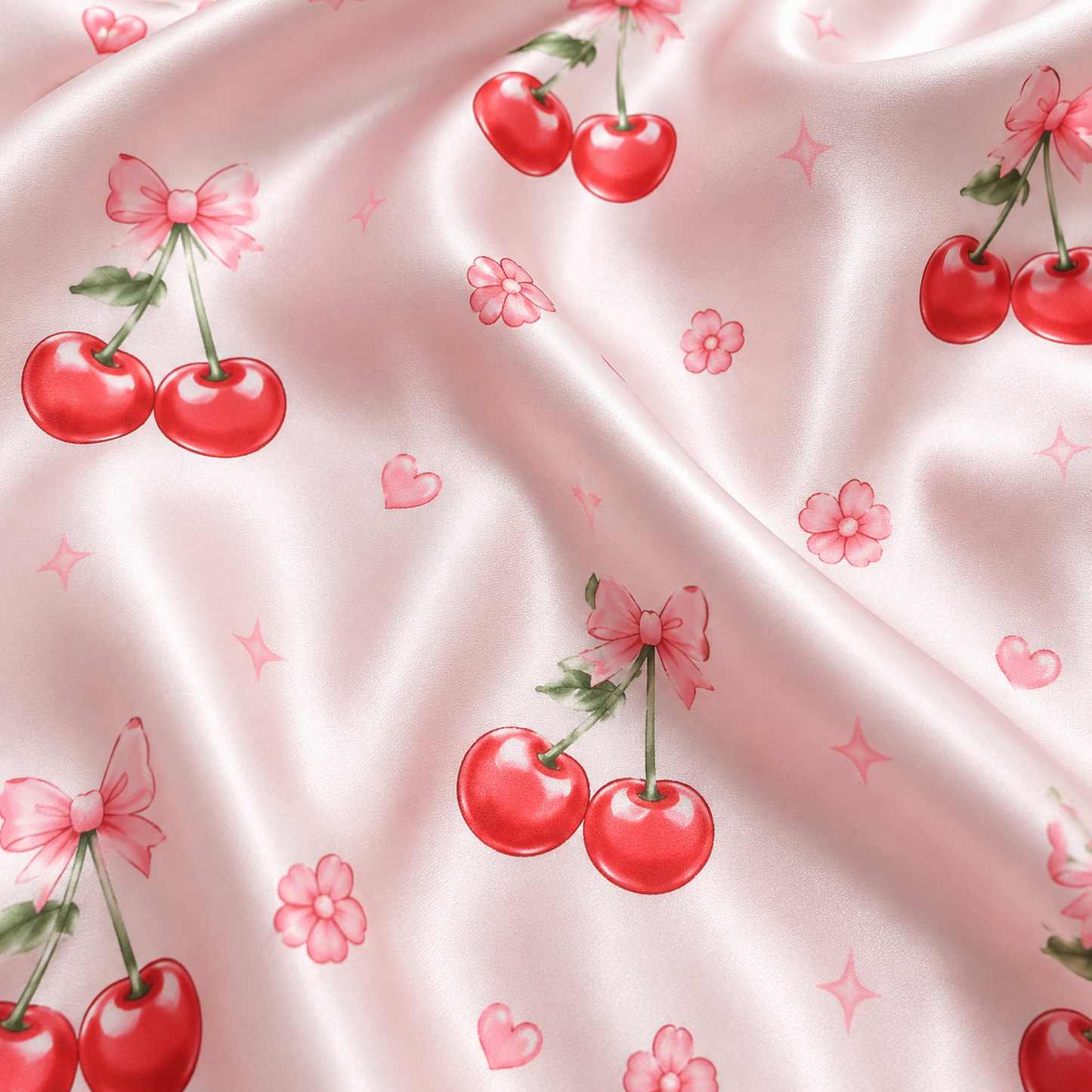 PJ-M362-Pink Satin Sweet Cherry Bow Print Pajamas Coquette Sleepwear