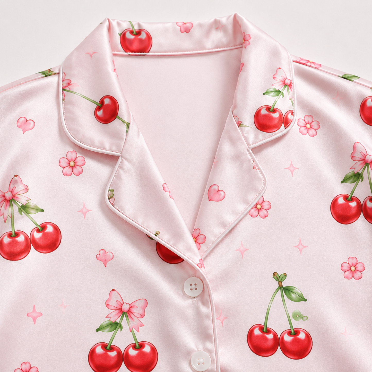 PJ-M362-Pink Satin Sweet Cherry Bow Print Pajamas Coquette Sleepwear