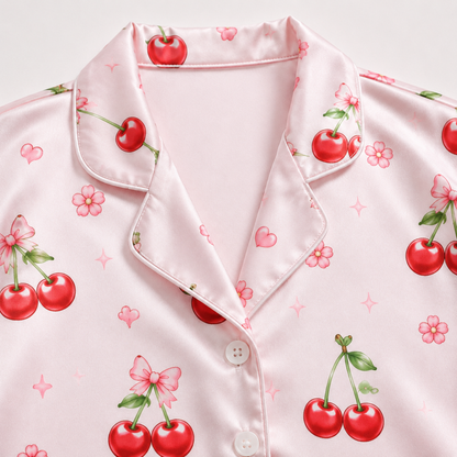 PJ-M362-Pink Satin Sweet Cherry Bow Print Pajamas Coquette Sleepwear