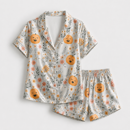 PJ-M363-Refined Botanical Halloween Motif Sleepwear Set Featuring Intricate Line-Art On A Rich Foundation