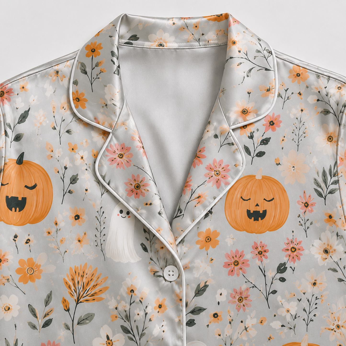 PJ-M363-Refined Botanical Halloween Motif Sleepwear Set Featuring Intricate Line-Art On A Rich Foundation