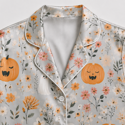PJ-M363-Refined Botanical Halloween Motif Sleepwear Set Featuring Intricate Line-Art On A Rich Foundation