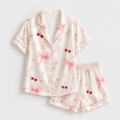PJ-M365-Ivory Satin Coquette Pajamas Cherry And Pink Ribbon Floral Sleepwear