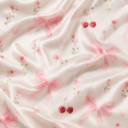 PJ-M365-Ivory Satin Coquette Pajamas Cherry And Pink Ribbon Floral Sleepwear