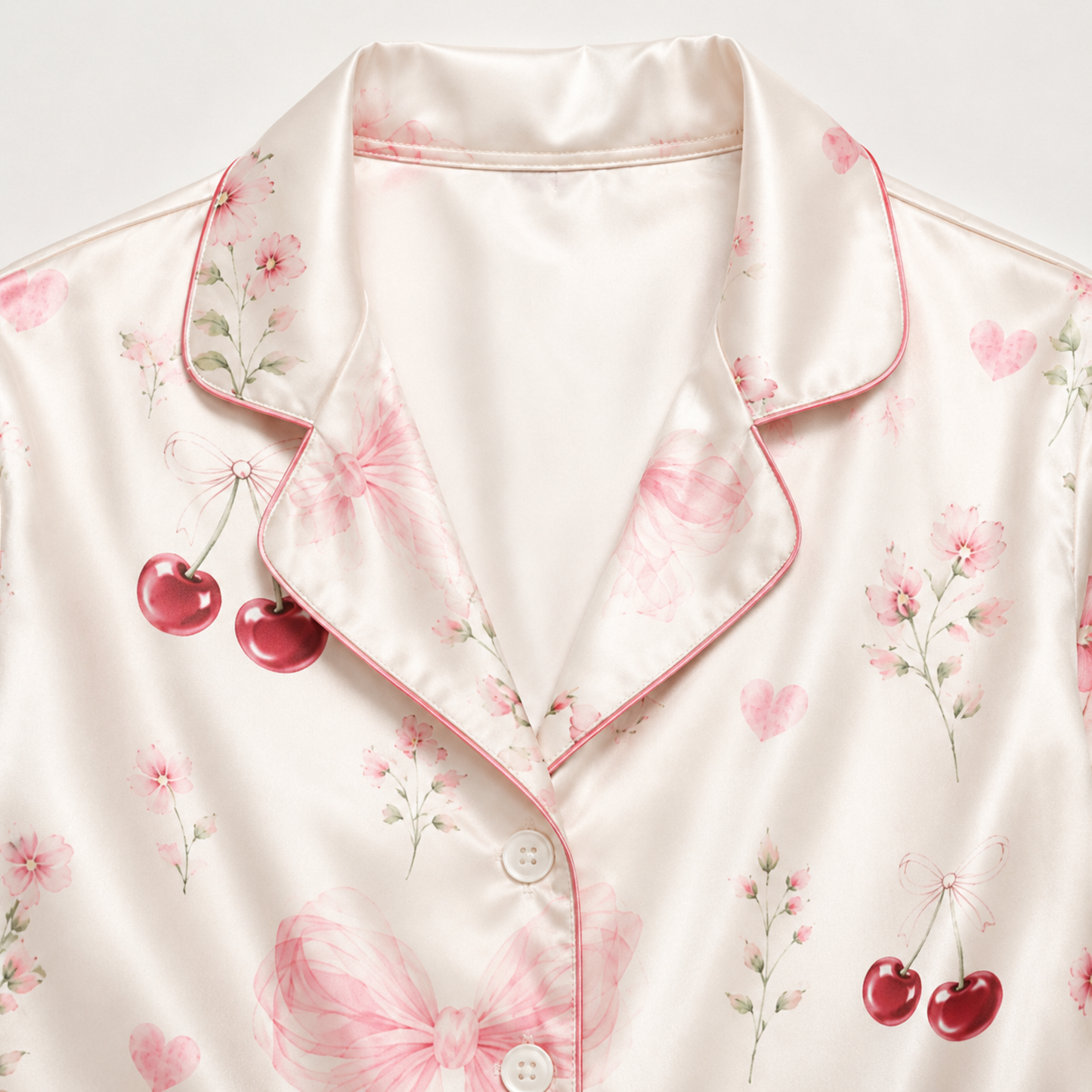 PJ-M365-Ivory Satin Coquette Pajamas Cherry And Pink Ribbon Floral Sleepwear