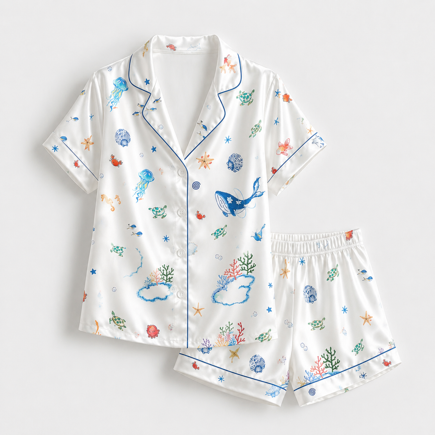 PJ-M368-White Satin Ocean Animal Print Pajamas Sea Life Sleepwear Set