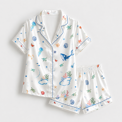 PJ-M368-White Satin Ocean Animal Print Pajamas Sea Life Sleepwear Set