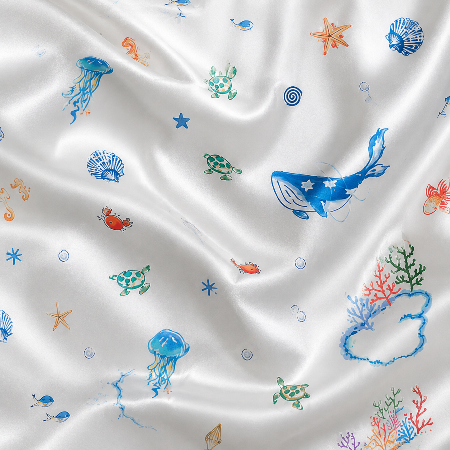 PJ-M368-White Satin Ocean Animal Print Pajamas Sea Life Sleepwear Set