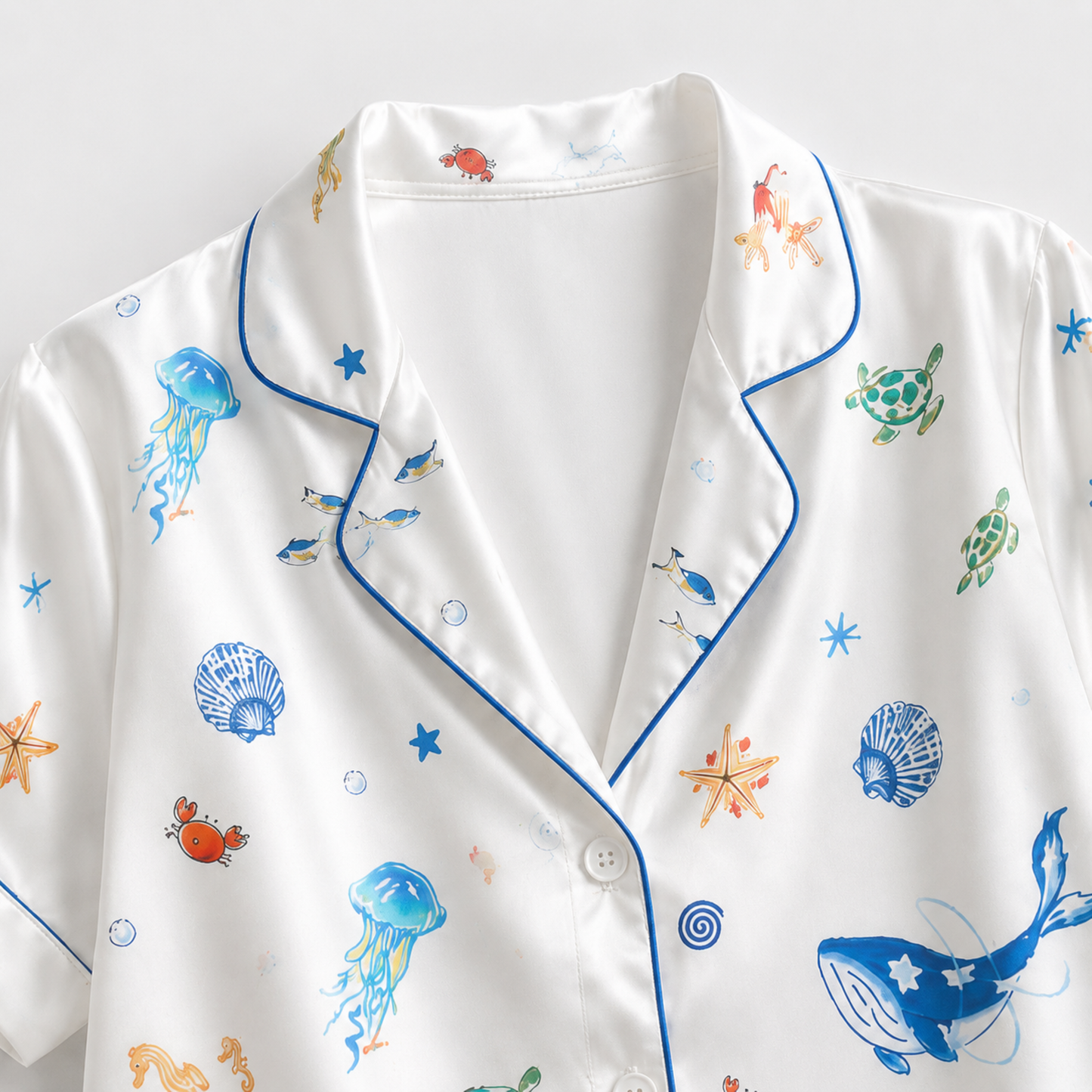 PJ-M368-White Satin Ocean Animal Print Pajamas Sea Life Sleepwear Set