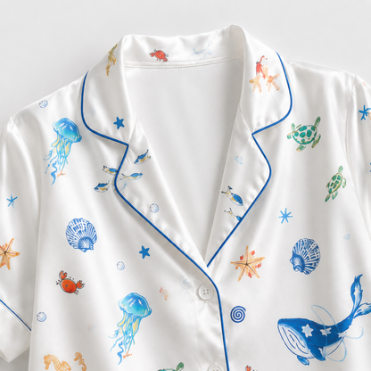 PJ-M368-White Satin Ocean Animal Print Pajamas Sea Life Sleepwear Set