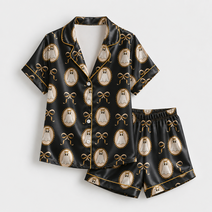 PJ-M370-Elegant Cameo Ghost and Ribbon Bow Satin Pajama Set for Sophisticated Halloween Seasonal Lounging