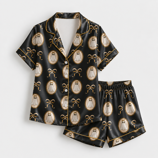 PJ-M370-Elegant Cameo Ghost and Ribbon Bow Satin Pajama Set for Sophisticated Halloween Seasonal Lounging