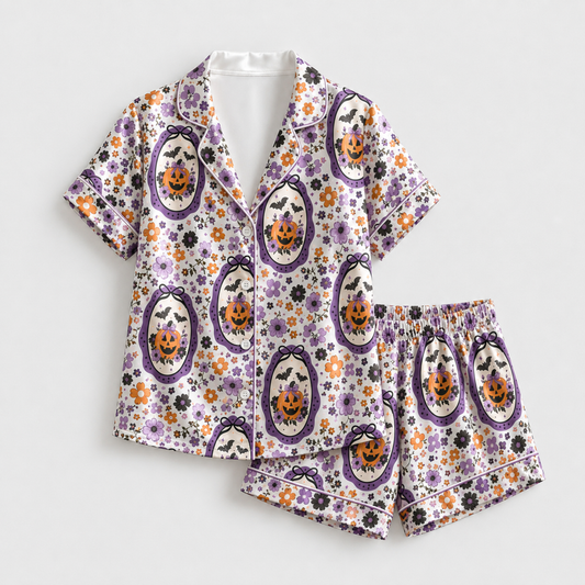 PJ-M371-Retro Floral Halloween Satin Pajamas Purple Cameo Pumpkin Bat Sleepwear Pjs