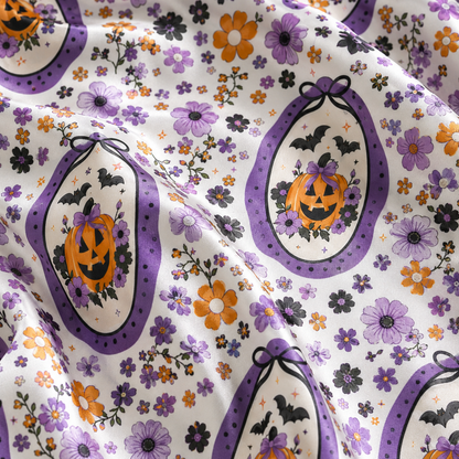 PJ-M371-Retro Floral Halloween Satin Pajamas Purple Cameo Pumpkin Bat Sleepwear Pjs