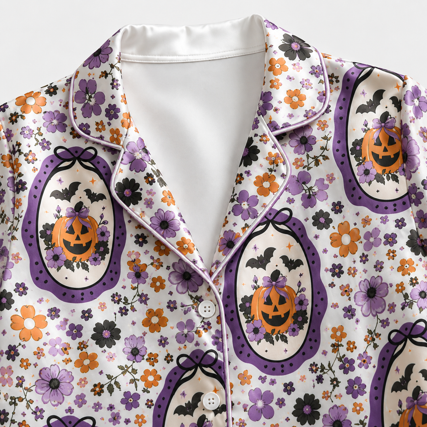 PJ-M371-Retro Floral Halloween Satin Pajamas Purple Cameo Pumpkin Bat Sleepwear Pjs