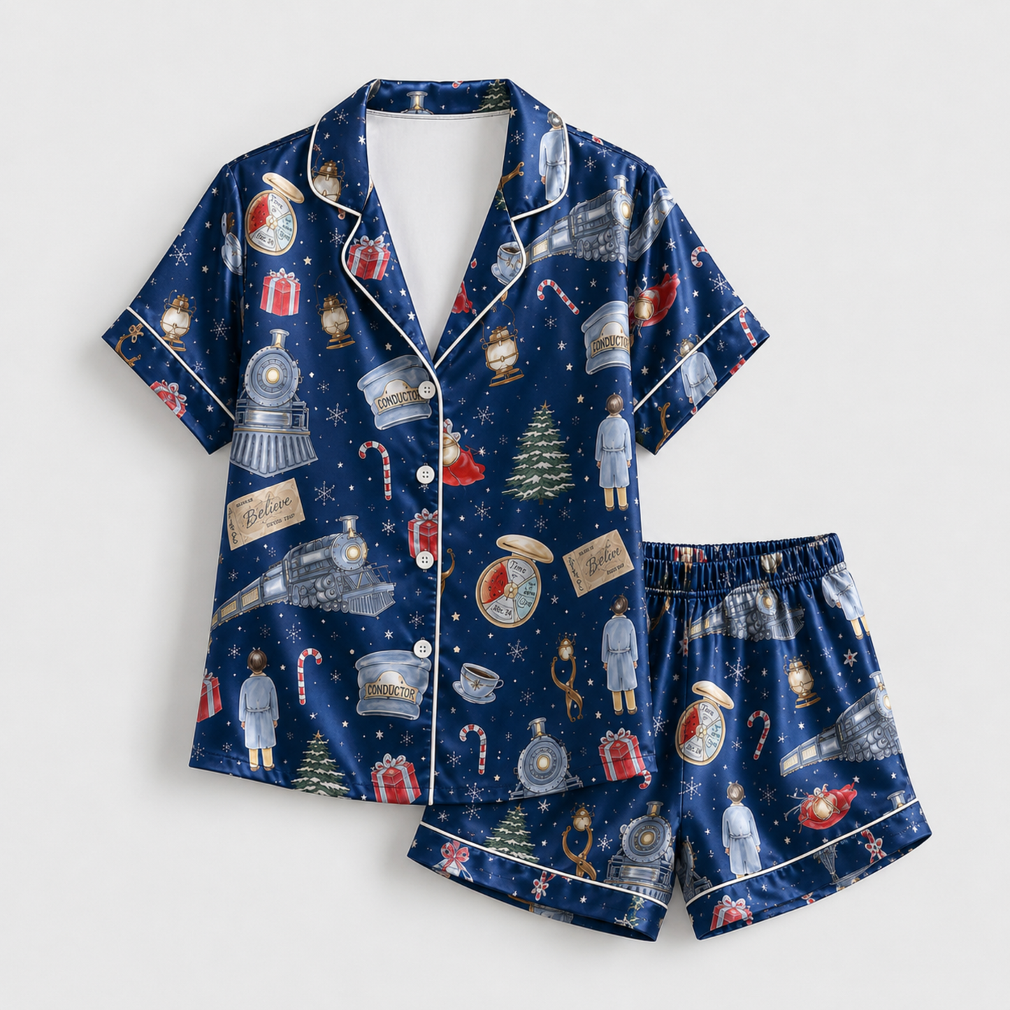 PJ-M372-Magical Christmas Train Satin Pajamas Navy Blue Holiday Sleepwear Winter Express Pjs