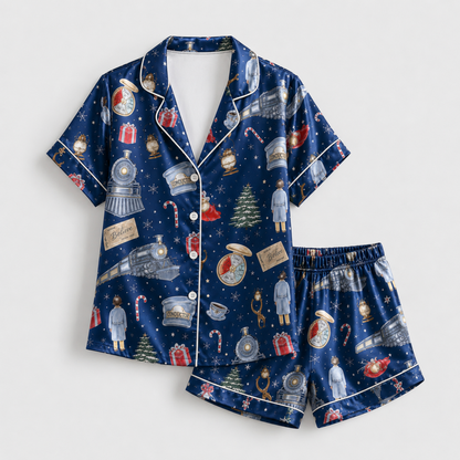 PJ-M372-Magical Christmas Train Satin Pajamas Navy Blue Holiday Sleepwear Winter Express Pjs