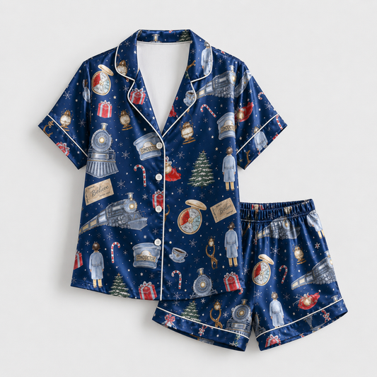 PJ-M372-Magical Christmas Train Satin Pajamas Navy Blue Holiday Sleepwear Winter Express Pjs