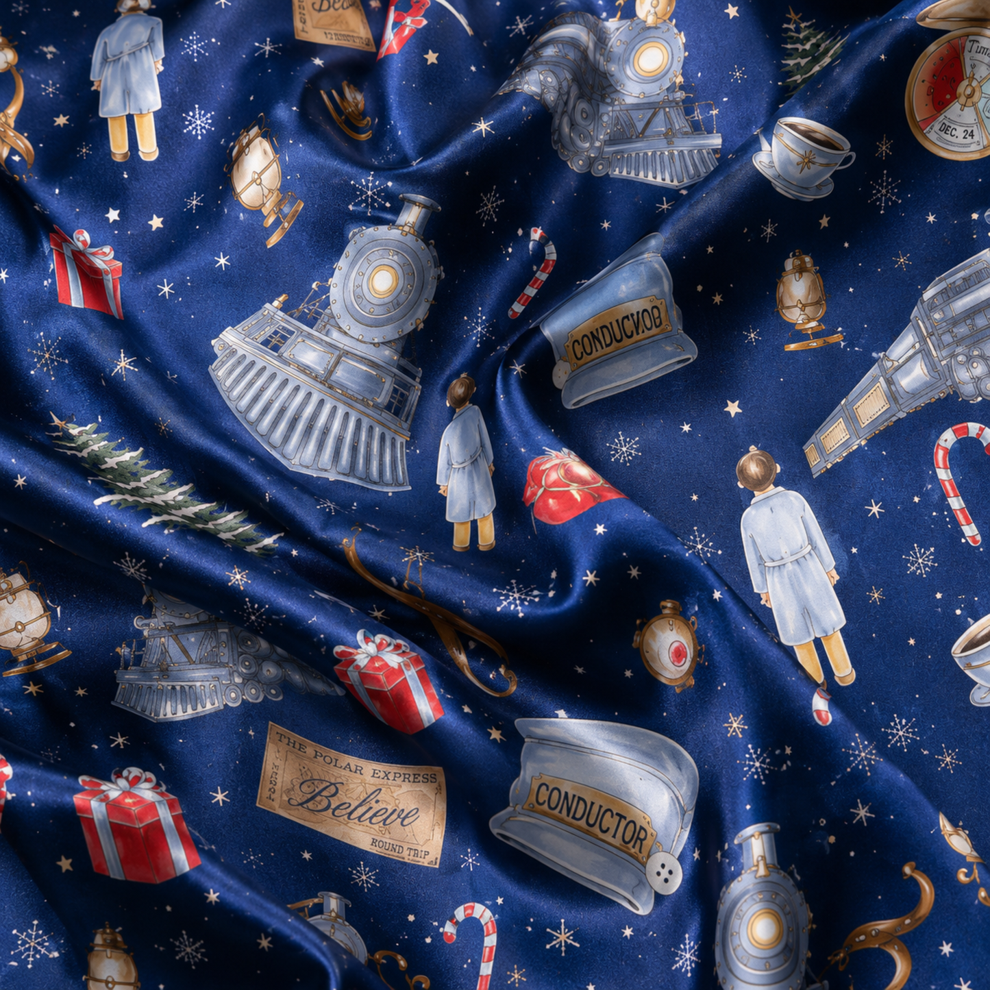 PJ-M372-Magical Christmas Train Satin Pajamas Navy Blue Holiday Sleepwear Winter Express Pjs