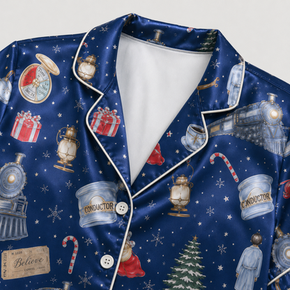 PJ-M372-Magical Christmas Train Satin Pajamas Navy Blue Holiday Sleepwear Winter Express Pjs