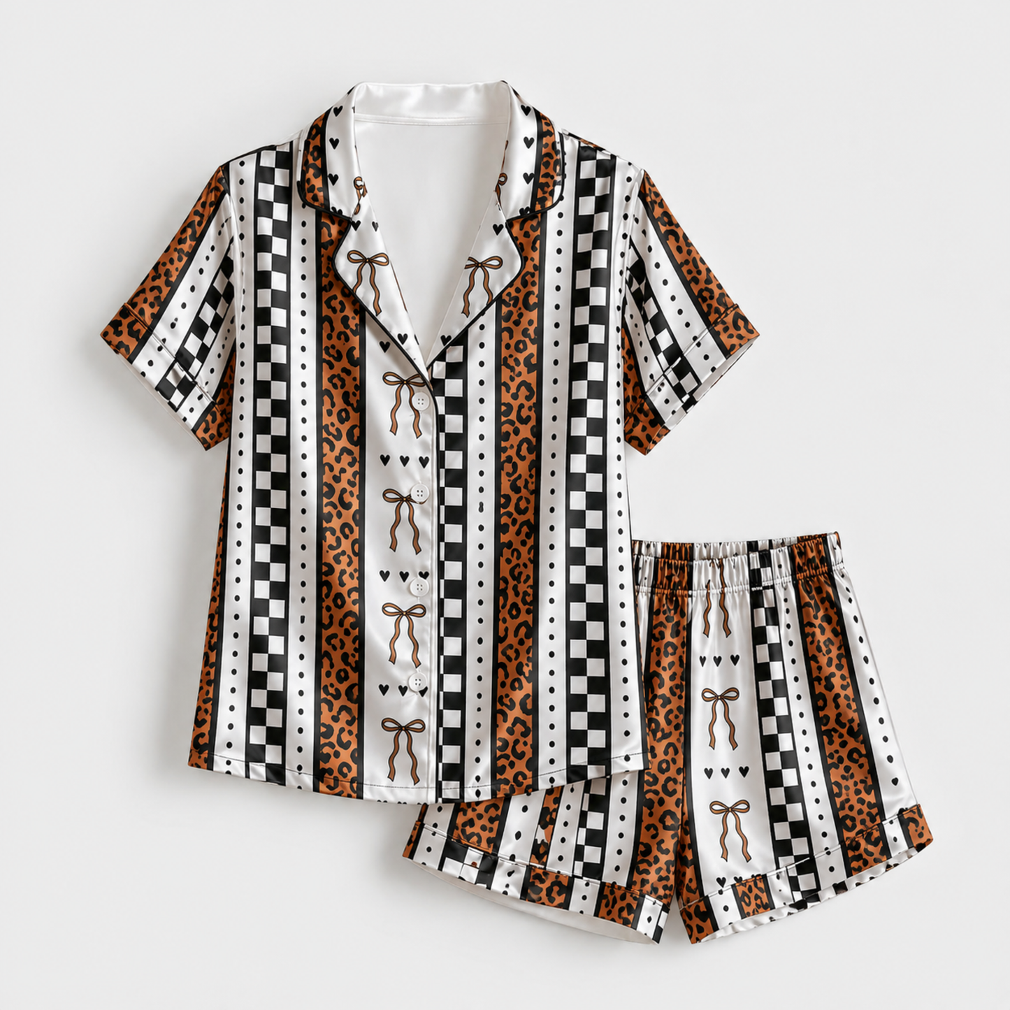 PJ-M373-Mixed Pattern Satin Pajamas Leopard Print Checkerboard Bow Striped Sleepwear