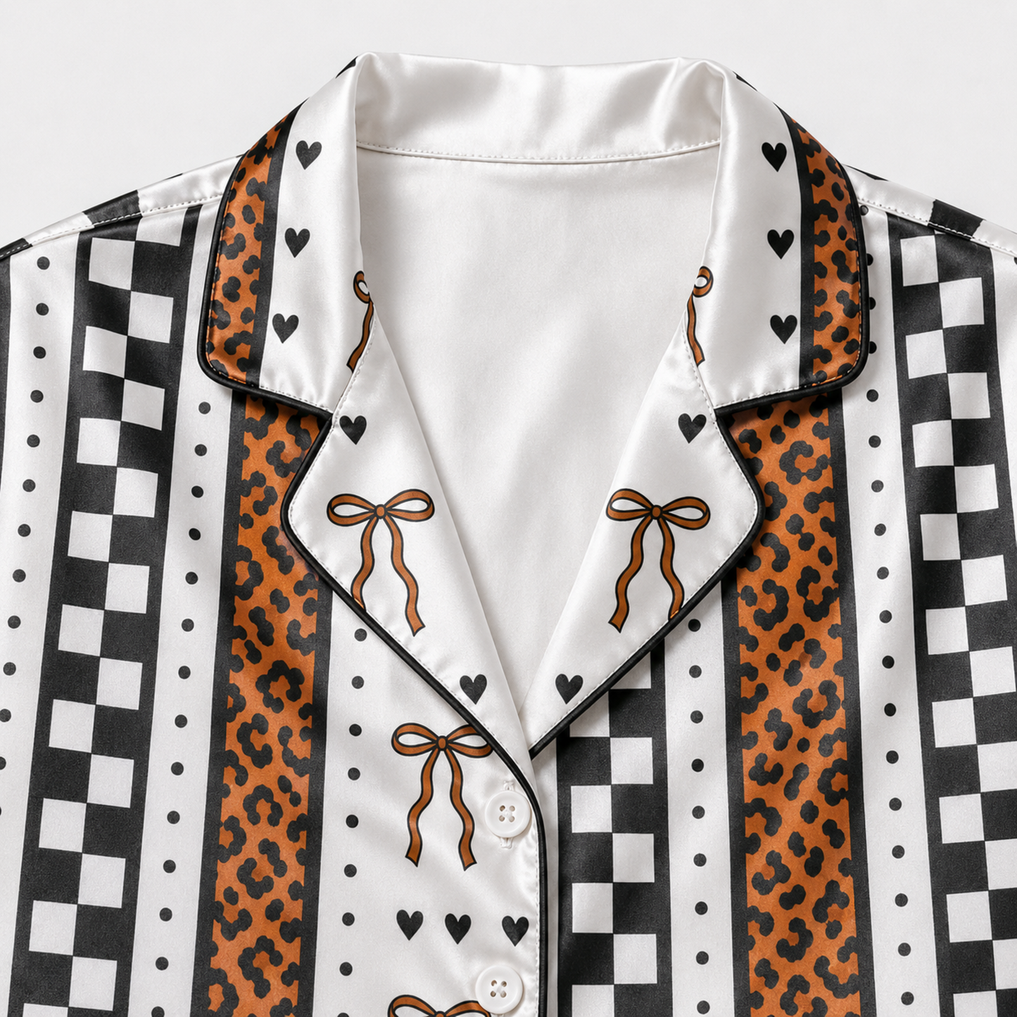 PJ-M373-Mixed Pattern Satin Pajamas Leopard Print Checkerboard Bow Striped Sleepwear