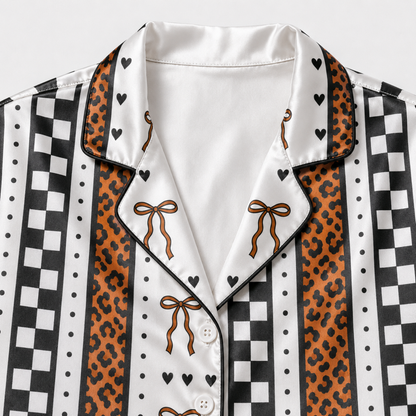 PJ-M373-Mixed Pattern Satin Pajamas Leopard Print Checkerboard Bow Striped Sleepwear