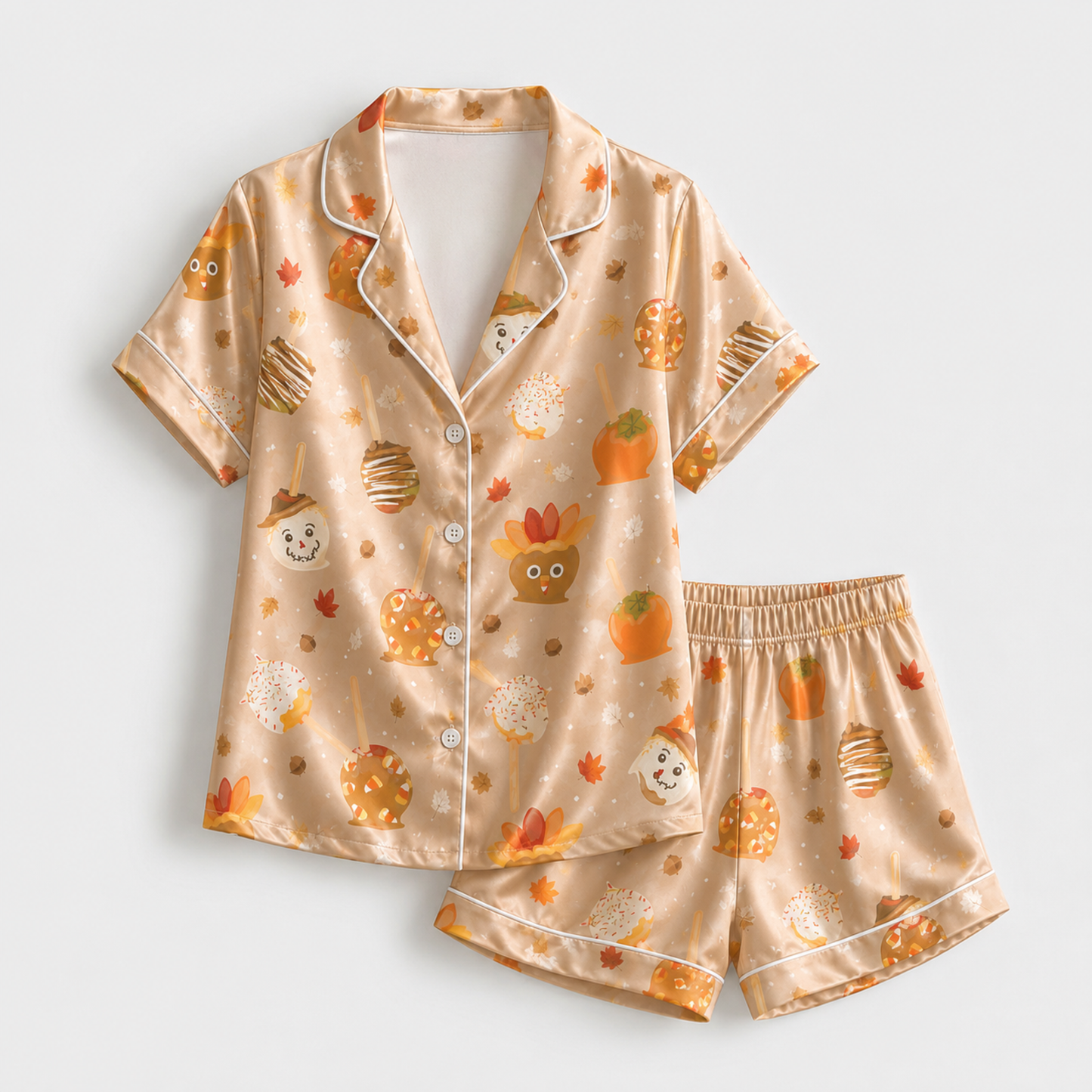PJ-M374-Thanksgiving Turkey Caramel Apple Satin Pajamas Fall Harvest Sweet Treat Sleepwear