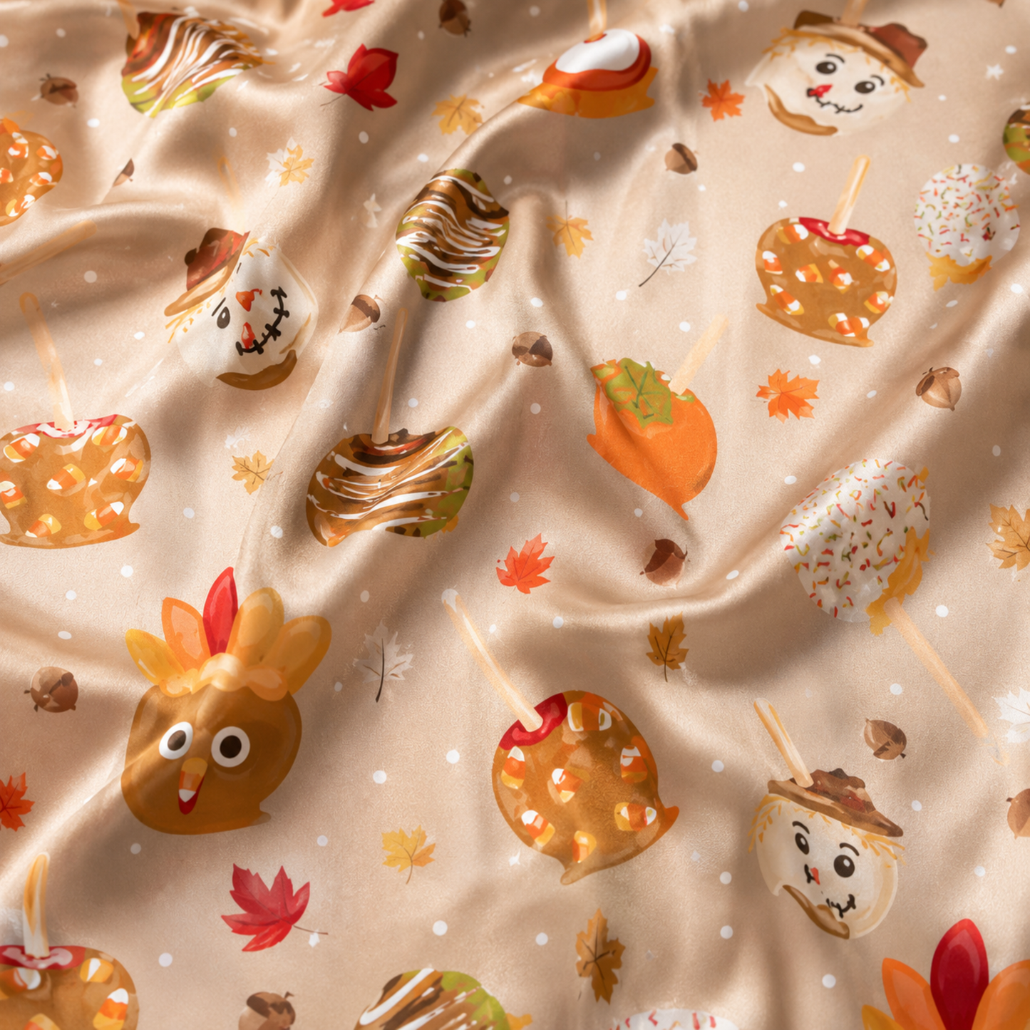 PJ-M374-Thanksgiving Turkey Caramel Apple Satin Pajamas Fall Harvest Sweet Treat Sleepwear