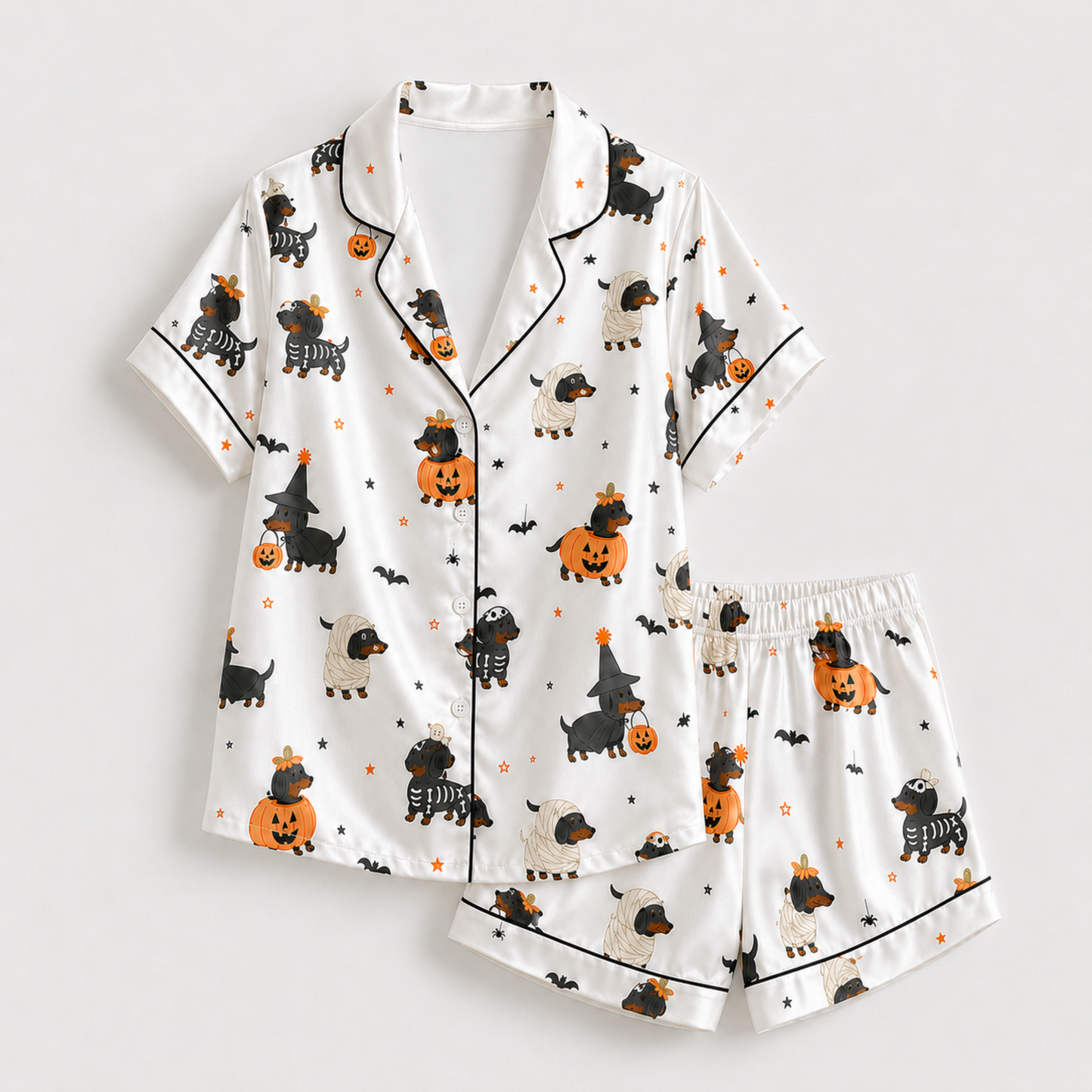 PJ-M376-Spooky Halloween Dachshund Costume Satin Pajamas Wiener Dog Mummy Pumpkin Sleepwear