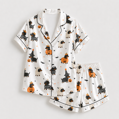 PJ-M376-Spooky Halloween Dachshund Costume Satin Pajamas Wiener Dog Mummy Pumpkin Sleepwear