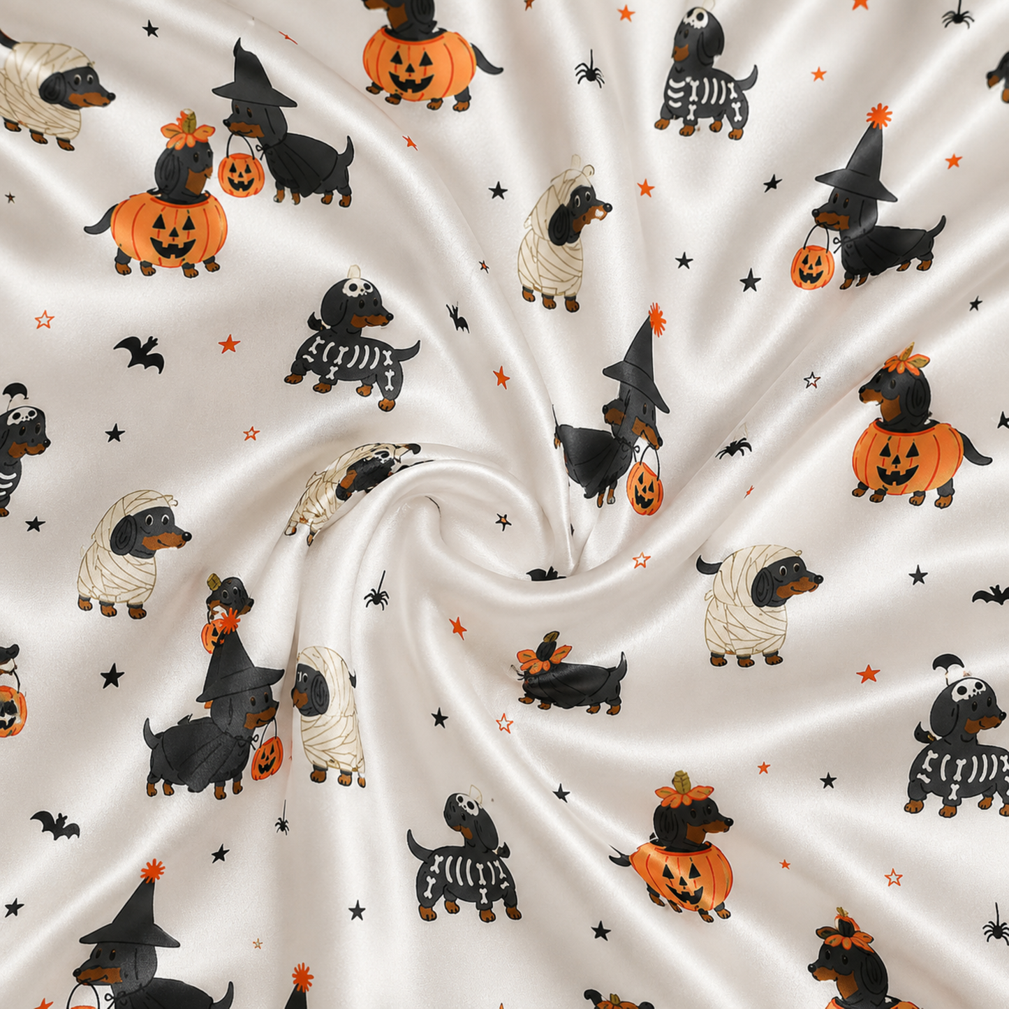 PJ-M376-Spooky Halloween Dachshund Costume Satin Pajamas Wiener Dog Mummy Pumpkin Sleepwear