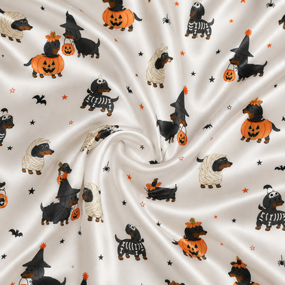 PJ-M376-Spooky Halloween Dachshund Costume Satin Pajamas Wiener Dog Mummy Pumpkin Sleepwear